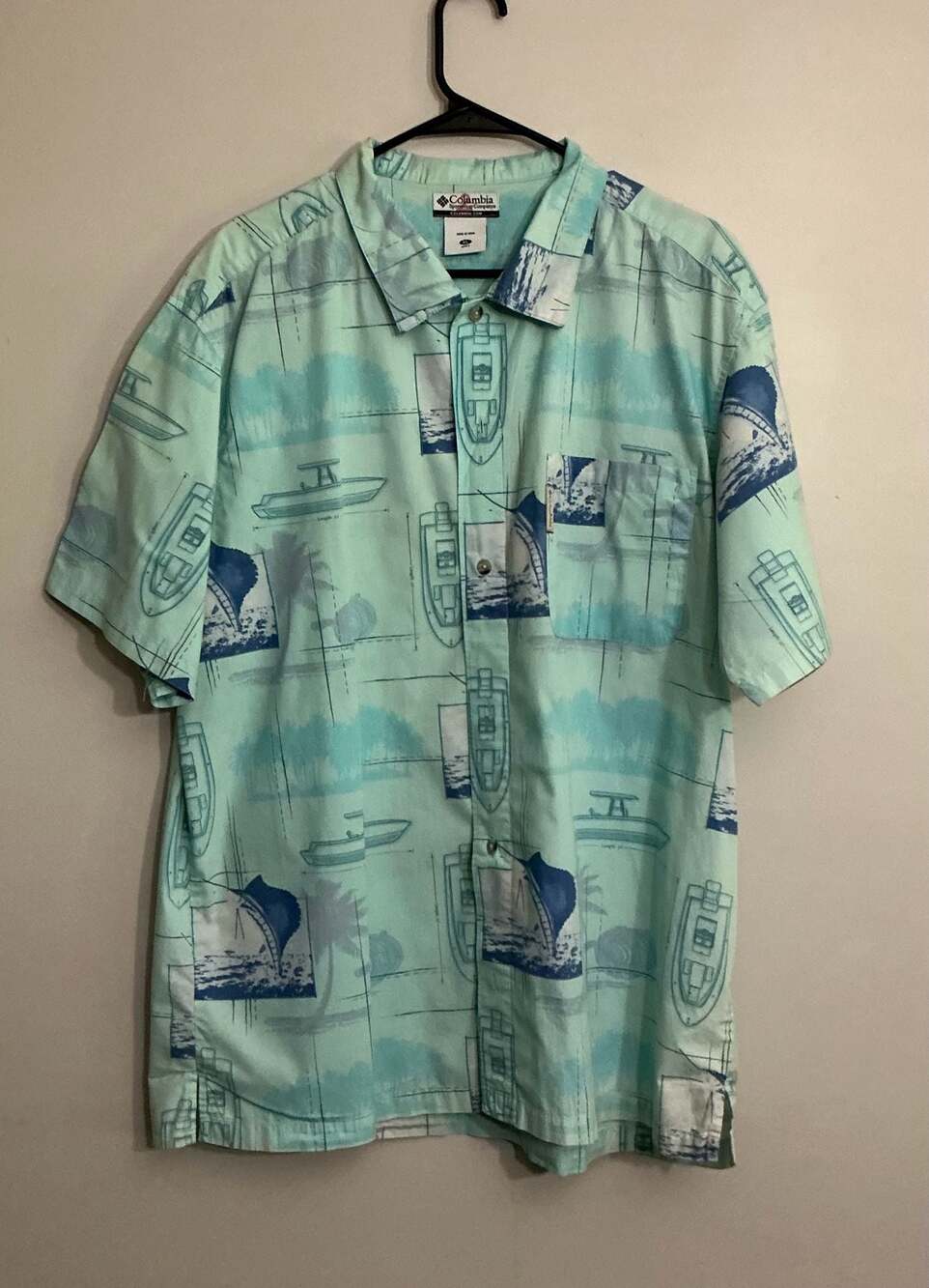 Columbia Mens XL Blue Swordfish Boat Fishing Short Sleeve Button Down Shirt